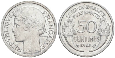 ФРАНЦИЯ 50 САНТИМОВ 1941 ТИП MORLON LOURDE KM 894.1a, LE FRANC 193.2 алюминий 44-159