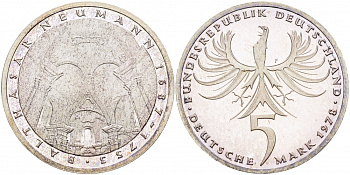 ФРГ 5 МАРОК 1978 J, 225 ЛЕТ СО ДНЯ СМЕРТИ ИОГАННА БАЛЬТАЗАРА НЕЙМАНА KM 148, J. 423 серебро PROOF 1087-2-63