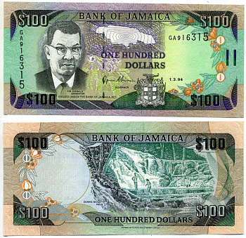 Ямайка 100 долларов 1994 1 марта 1994, ДОНАЛЬД САНГСТЕР Pick 76a бумага XF 6299-30-2-2