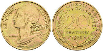 Франция 20 сантимов 1970 тип Марианна KM 930 медь алюминий никель 4116-522