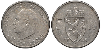 Норвегия 5 крон 1968 Улаф V (1958-1991) KM 412 медно-никель 81-822