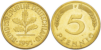 ФРГ 5 ПФЕННИГОВ 1991 F KM 107, J. 382 сталь плакированная латунью 4181-1035