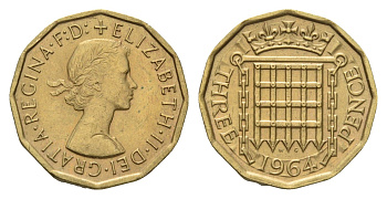 Великобритания 3 пенса 1964 Елизавета II (1952-2022) KM 900, Spink 4153 никель латунь 4121-657