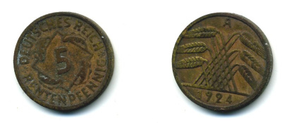 ГЕРМАНИЯ 5 РЕНТЕНПФЕННИГОВ 1924 A, KM 32, J. 308 алюминиевая бронза 54-425
