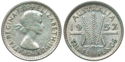 Австралия 3 пенса 1957 m, Елизавета II (1953-) KM 57 серебро 71-538