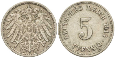 ГЕРМАНИЯ 5 ПФЕННИГОВ 1914 A KM 11, J. 12 медно-никель 105-216