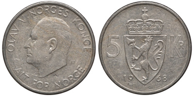 Норвегия 5 крон 1968 Улаф V (1958-1991) KM 412 медно-никель 81-822