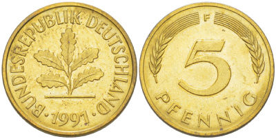 ФРГ 5 ПФЕННИГОВ 1991 F KM 107, J. 382 сталь плакированная латунью 4181-1035