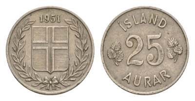 Исландия 25 эйре 1951 KM 11 медно-никель 4632-945