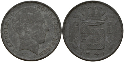 Бельгия 5 франков 1941 DES BELGEN, Леопольд III (1934-1947) KM 129 цинк 4161-923