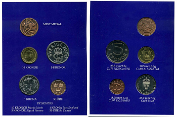 Швеция набор из 4 монет + медаль 2000 в оригинальном картонном буклете, Карл XVI Густав (1973- ) KM MS 105 UNC 4-4-1-37