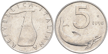 Италия 5 лир 1998 R, дельфин KM 92 алюминий  UNC  4594-954