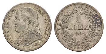 Папская область 1 лира 1867 R, Пий IX (1846-1878) KM 1378 серебро 603-614