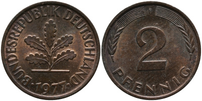 ФРГ 2 пфеннига 1977 F KM 106a, J.381a сталь плакированная медью 99-231