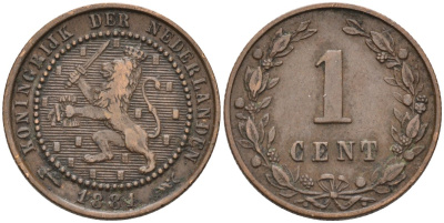 Нидерланды 1 цент 1881 Виллем III (1849-1890) KM 107 бронза 4576-562