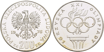 Польша 200 злотых 1976 MW, XXI олимпийские игры 1976 года в Монреале, кольца KM 86, Parchimowicz 306а серебро BUNC 1085-1-43
