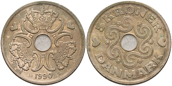 ДАНИЯ 5 КРОН 1990 LG; JP; A, МАРГРЕТЕ II (1972-) KM 869.1 медно-никель 75-333