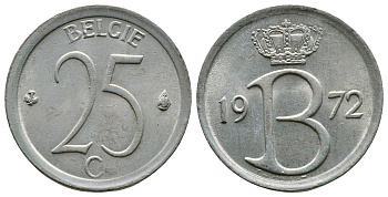 БЕЛЬГИЯ 25 САНТИМОВ 1972 BELGIE KM 154.1 медно-никель 4110-1616