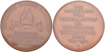 ГЕРМАНИЯ МЕДАЛЬ 1971 300 ЛЕТ ОСНОВАНИЯ ПРОИЗВОДСТВА SCHWABISCHE H?TTENWERKE GMBH 91671-1971), ЗАПАЙКА, ДИАМЕТР жёлтый металл 1082-10-33