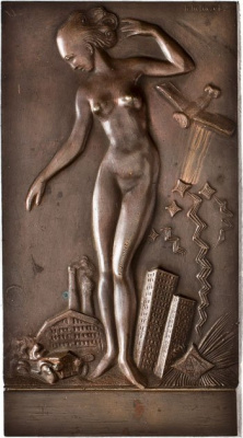 Саксония плакетка 1927 Университет Дрездена, обнаженная женщина, автомобиль, самолет,  92 x 170 мм, 180,59 гр бронза 1-4-4-17