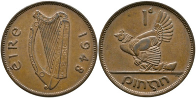 ИРЛАНДИЯ 1 ПЕННИ 1948 КУРИЦА С ЦЫПЛЯТАМИ KM 11 бронза 4531-645