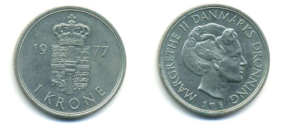 Дания 1 крона 1977 S; B, Маргарете II (1972- ) KM 862.1 медно-никель UNC 80-347