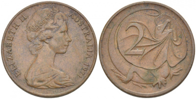 АВСТРАЛИЯ 2 ЦЕНТА 1971 ЕЛИЗАВЕТА II, МОЛОДОЙ ПОРТРЕТ, ПЛАЩЕНОСНАЯ ЯЩЕРИЦА (FRILLED LIZARD) KM 63 бронза 3457-625