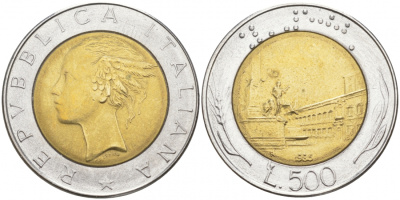 ИТАЛИЯ 500 ЛИР 1986 R KM 111 биметалл 186-235