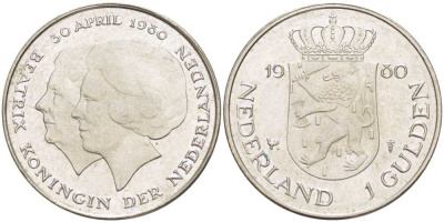 Нидерланды 1 гульден 1980 на коронацию Беатрикс, 30 апреля 1980 KM 200 никель 213-1242