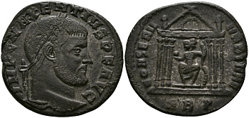 Римская Империя нуммий 308 - 310 Максенций CONSERV VRB SVAE храм Ромы Рим Very fine RIC 210 бронза 1073-10-17