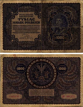 ПОЛЬША 1000 МАРОК 1919 23 АВГУСТА 1919, ТРЕТИЙ ВЫПУСК, ПОРТРЕТ КОСТЮШКО Pick 29 бумага 7487-5-1