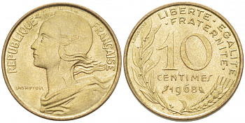 ФРАНЦИЯ 10 САНТИМОВ 1968 ТИП MARIANNE KM 929, LE FRANC 144.8 алюминиевая бронза 3955-637
