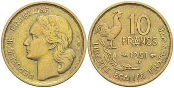 Франция 10 франков 1951 B, петух KM 915.2, Le Franc 363.5 алюминиевая бронза 217-256