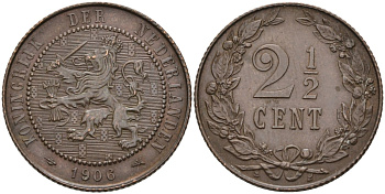 Нидерланды 2 1/2 цента 1906 Вильгельмина (1890-1948) KM 134 бронза 4575-911