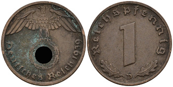 Германия 1 рейхспфенниг 1939 D KM 89, J 361 бронза 4136-1041