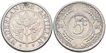 Нидерландские Антилы 5 центов 1991 Беатрикс (1980-2013) KM 33 алюминий 4169-335