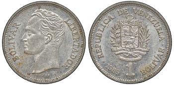 Венесуэла 1 боливар 1989 тонкий шрифт Y 52a.2 сталь плакированная никелем 4606-532