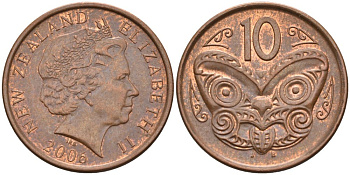 Новая Зеландия 10 центов 2006 маска Маори, Елизавета II (1952-) KM 117а сталь плакированная медью 186-512