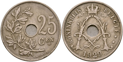 Бельгия 25 сантимов 1929 KM 69 медно-никель 4165-411
