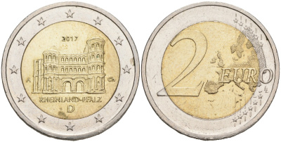 Германия 2 евро 2017 D, серия ФЕДЕРАЛЬНЫЕ ЗЕМЛИ ГЕРМАНИИ, РЕЙНЛАНД-ПФАЛЬЦ KM 356 биметалл 4556-1041