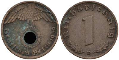 Германия 1 рейхспфенниг 1939 D KM 89, J 361 бронза 4136-1041