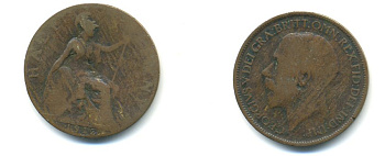 Великобритания 1 пенни 1912 Георг V (1910-1936) KM 810, Spink 4051 бронза 59-846