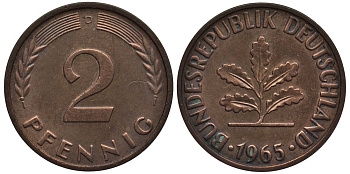 ФРГ 2 ПФЕННИГА 1965 D KM 106, Jager 381 бронза 4546-932