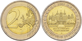 ФРГ 2 евро 2007 A, серия федеральные земли, Мекленбург-Передняя Померания, Шверинский замок KM 260 биметалл UNC 4111-736