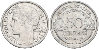 ФРАНЦИЯ 50 САНТИМОВ 1941 ТИП MORLON LOURDE KM 894.1a, LE FRANC 193.2 алюминий 44-213