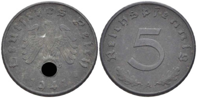 ГЕРМАНИЯ 5 РЕЙХСПФЕННИГОВ 1941 A KM 100, J. 370 цинк 105-249