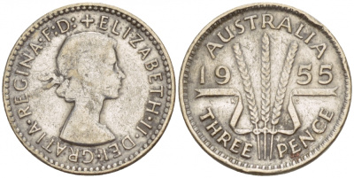 Австралия 3 пенса 1955 m, Елизавета II (1952-2022) KM 57 серебро 4547-969