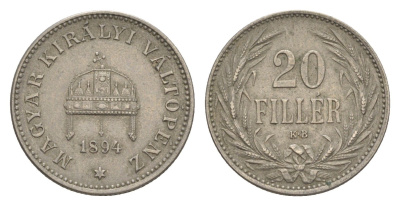 Венгрия 20 филлеров 1894 KB, Франц Иосиф I (1848-1916) KM 483 никель 4154-446