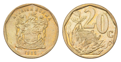 ЮАР 20 центов 1999 герб, цветок протея KM 162 сталь плакированная латунью UNC 4694-912