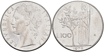 Италия 100 лир 1976 R, Афина KM 96.1 нержавеющая сталь 4117-334